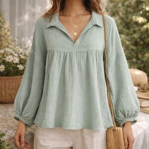 Sage Cotton Gauze Boho Peasant Blouse Balloon Sleeve Shop The Mint M